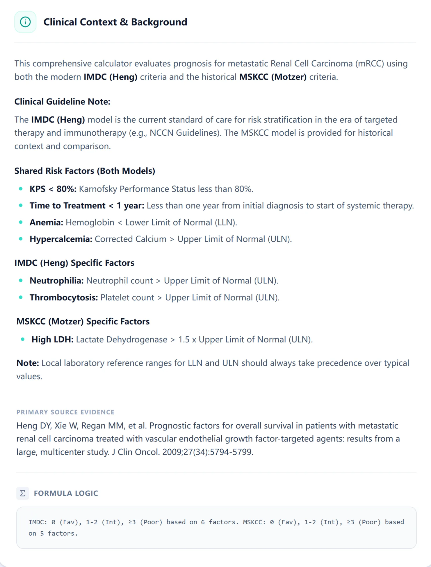 Overview screen summarizing IMDC and MSKCC criteria